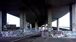 Graffiti-covered pillars under the flyover