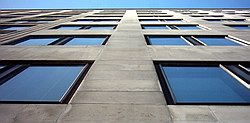 Looking skywards up the front wall of the Shell Centre from walkway level