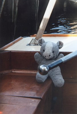 The paw that holds the tiller: Merrick takes a turn at Reedham Ferry moorings.